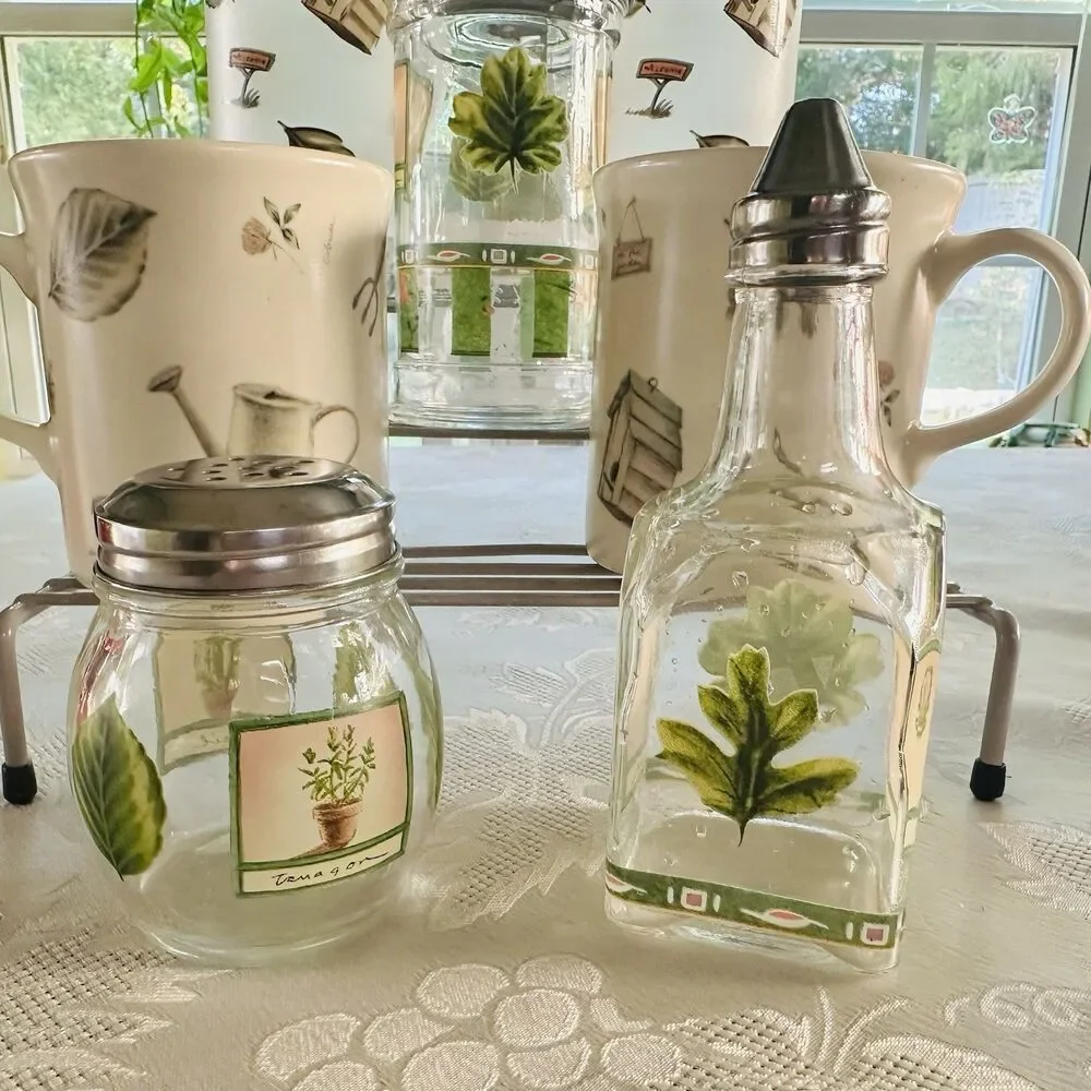VTG Libbey Pfaltzgraff Naturewood 7pc Glassware Mug Lot Cruet Shaker Pristine